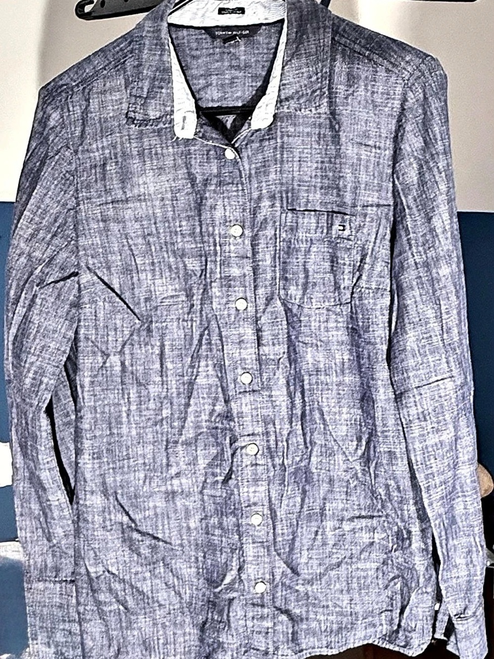 Tommy Hilfiger Women’s Chambray Button Down Shirt L Blue Classic Fit Preppy